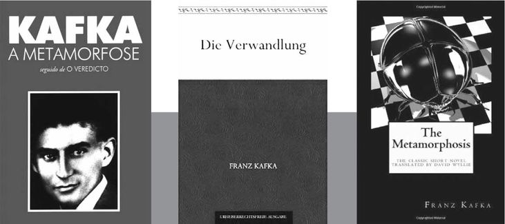 Kafka em todo o mundo: edições de A metamorfose em português, alemão e inglês.