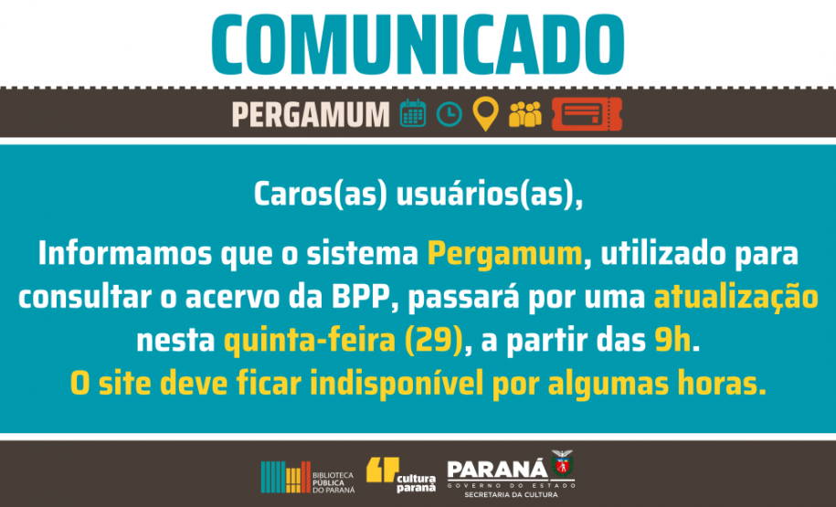 Informamos que o sistema Pergamum, utilizado para consultar o acervo da BPP, passará por uma atualização nesta quinta-feira (29), a partir das 9h. O site deve ficar indisponível por algumas horas.